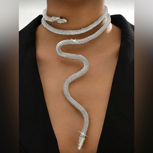Silver Snake Statement Necklace Serpent Wrap Choker Bold Fashion Jewelry - Picture 3 of 3